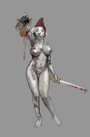 anthro big_breasts blood blood_on_body blood_on_weapon bodily_fluids bottomless breasts clothed clothing death dripping_blood female fur_tattoo gore holding_melee_weapon holding_object holding_sword holding_weapon looking_at_another melee_weapon navel severed_body_part severed_head solo sword topwear topwear_only weapon banoncat canid canine canis domestic_dog mammal 2023 hi_res