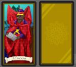 book card card_template clothed clothing crown female fortune_telling headgear looking_at_viewer major_arcana noble reading roman_numeral solo tarot tarot_card text the_priestess_(tarot) lupelongo canid canine canis domestic_dog mammal digital_media_(artwork) french_text translated