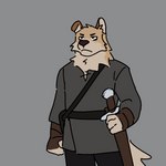 anthro belt clothing floppy_ears fur male medieval melee_weapon multicolored_body multicolored_fur solo sword two_tone_body two_tone_fur weapon 3000vnd in_case_of_emergency kieran_(in_case_of_emergency) canid canine canis domestic_dog mammal hi_res