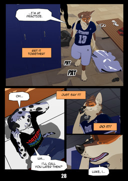 anthro blue_eyes brown_eyes clothed clothed_anthro clothed_male clothing college_student dialogue duo electronics football_gear football_jersey football_pants football_player football_uniform fully_clothed fully_clothed_anthro fully_clothed_male locker_room male number_on_clothing number_on_jersey number_on_topwear number_print page_number phone phone_call shirt sitting speech_box speech_bubble t-shirt text topwear ariesartist college_football lucas_(ariesartist) matthew_(ariesartist) border_collie canid canine canis collie dalmatian deer domestic_dog felid feline herding_dog mammal pastoral_dog sheepdog 3d_(artwork) absurd_res blender_(artwork) comic digital_media_(artwork) english_text hi_res