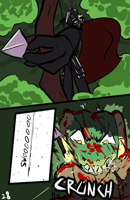 anthro arrow_(weapon) blood blood_on_face bodily_fluids bow_(weapon) cape clothing duo female horn ranged_weapon weapon yellow_eyes brradett microsoft the_elder_scrolls lernie_(brradett) argonian human mammal scalie comic hi_res