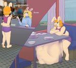 anthro belly big_belly black_nail_polish blonde_hair booth_seating bottomwear breasts butt cash_register clothing crop_top crossed_arms curled_hair dialogue diner dishes duo female floppy_ears fur hair huge_belly hyper hyper_belly lop_ears male oral_vore orange_hair pawpads restaurant shirt shorts sweater tan_body tan_fur text topwear under_table vore misciblemyles lagomorph leporid mammal rabbit english_text hi_res