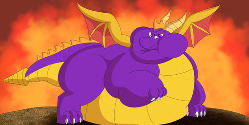 3_toes anthro belly big_belly claws feet feral fire horn huge_belly looking_at_viewer male multicolored_body obese obese_feral obese_male overweight overweight_feral overweight_male purple_body purple_eyes solo standing tail toes white_claws wings yellow_horn bigwolf_(artist) activision mythology spyro_the_dragon spyro dragon mythological_creature mythological_scalie scalie hi_res shaded