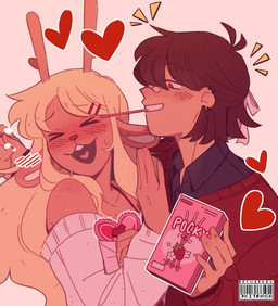 ambiguous_gender anthro antlers bandage bandage_on_face bandage_on_nose blonde_hair blush blush_lines blushing_profusely box brown_body brown_fur brown_hair buckteeth container duo ear_piercing eyes_closed female female/ambiguous food freckled_face freckled_shoulders freckles fur hair heart_symbol holding_box holding_container holding_object holidays horn human_on_anthro interspecies laugh long_hair love open_mouth piercing pivoted_ears playful pocky_in_mouth red_eyes red_nose romantic romantic_couple short_hair smile tan_body teeth valentine's_day_card jxitrash deltarune pocky undertale_(series) valentine's_day kris_dreemurr noelle_holiday cervine deer human mammal new_world_deer reindeer 2024 signature