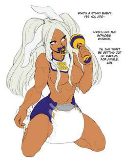 abs bib brainwshed breasts clothing cotton_tail diaper ear_tuft exposed_breasts female hair holding_object hypnosis kneeling looking_at_another mind_control multicolored_diaper muscular muscular_female nipple_slip pacifier pigtails rattle red_eyes solo tan_body text text_on_clothing tuft white_hair xjio my_hero_academia rumi_usagiyama animal_humanoid humanoid lagomorph lagomorph_humanoid leporid_humanoid mammal mammal_humanoid quirked_human_(my_hero_academia) rabbit_humanoid absurd_res english_text hi_res