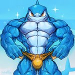 abs absurd_res anthro big_muscles blue_body bottomwear clothed clothing clothing_lift countershading fin fish gills grin hi_res huge_muscles looking_at_viewer mackerel_shark mako_(plain_white) mako_shark male manly marine muscular muscular_arms muscular_legs muscular_thighs obliques pecs quads shark shorts smile tail teeth thick_neck trapezius waddledox white_body white_countershading white_shark yellow_bottomwear yellow_clothing yellow_eyes yellow_shorts