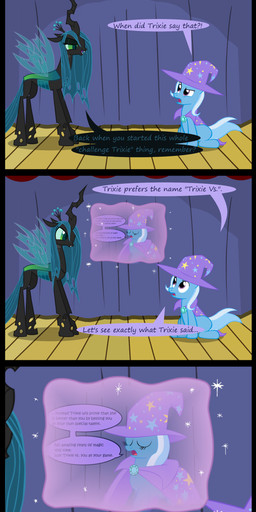 cape clothing dialogue duo female flashback glowing green_eyes green_hair hair hat headgear headwear hole_(anatomy) horn insect_wings long_hair magic pupils purple_eyes sitting slit_pupils sparkles stage standing straight_hair text wings wizard_hat evil-dec0y friendship_is_magic hasbro my_little_pony mythology queen_chrysalis_(mlp) trixie_(mlp) arthropod changeling_(mlp) equid equine mammal mythological_creature mythological_equine unicorn 2014 absurd_res english_text hi_res long_image tall_image url