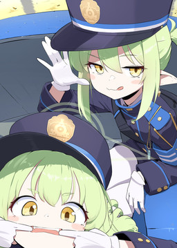 backpack blue_clothing blue_hat blue_headwear blue_short blush clothing duo ear_piercing ear_ring fangs female female_humanoid finger_in_mouth gloves green_hair hair hair_between_eyes handwear hat headgear headwear legwear long_hair long_sleeves looking_at_viewer looking_up looking_up_at_viewer open_mouth pantyhose piercing pointy_ears prick_ears ring_piercing sitting smile teeth tongue tongue_out whistle_(object) white_clothing white_gloves white_handwear white_legwear white_pantyhose yellow_eyes young young_female young_humanoid domado blue_archive nexon hikari_(blue_archive) nozomi_(blue_archive) demon demon_humanoid humanoid absurd_res hi_res