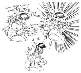 anthro bodily_fluids clenched_teeth clothed clothing crying female hair headgear headwear horn puppet solo tears teeth text heartsick cavemanon_studios snoot_game schizo_chan_(snoot_game) compsognathid compsognathus dinosaur prehistoric_species reptile scalie theropod english_text monochrome sequence