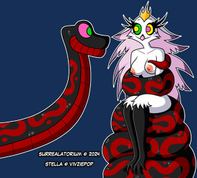 anthro beak black_body black_legs black_scales breasts coiling_around_body crown duo eye_contact eyelashes feather_hair feathers female feral hair headgear hypnosis hypnotic_eyes long_eyelashes long_hair looking_at_another male male/female markings mind_control nipples nude pink_beak pink_feather_hair pseudo_hair red_body red_markings red_scales restrained_arms ringed_eyes scales simple_background sitting_on_coils smile thick_thighs transparent_background white_body white_feathers surrealatorium hellaverse helluva_boss crimson_the_snake stella_(helluva_boss) avian avian_demon demon reptile scalie snake 2024 absurd_res alpha_channel animated hi_res