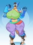 anthro avian avian_feet beak big_breasts bird black_beak blue_body blue_feathers body_size_growth breasts breath_of_the_wild brown_hair clothing countershading feathers female gender_transformation gerudo_outfit hair hi_res huge_breasts human hyper hyper_breasts jaeh kass_(tloz) mammal mtf_transformation multicolored_body multicolored_feathers nintendo open_beak open_mouth orange_body orange_countershading orange_feathers rito size_transformation solo species_transformation the_legend_of_zelda thick_thighs torn_clothing transformation winged_arms wings