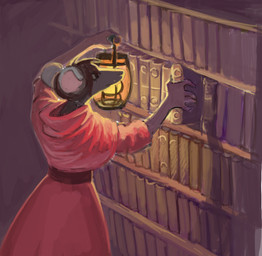ambiguous_gender anthro belt biped book bookshelf brown_hair capelet clothed clothing dark dress fully_clothed furniture grey_body hair high-angle_view holding_book holding_object lamp lantern library painting_(object) robe round_ears shelf solo standing calmnivore conditional_dnp mammal murid murine rat rodent 2018 digital_media_(artwork) digital_painting_(artwork) drawpile_(artwork) painting_(artwork) portrait three-quarter_portrait female_(lore)