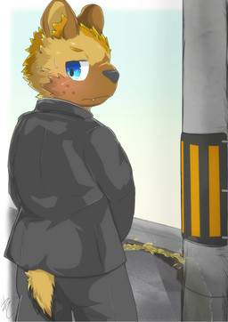 anthro black_bottomwear black_clothing black_pants black_shirt black_topwear bodily_fluids bottomwear clothing fur genital_fluids head_tuft inner_ear_fluff looking_back male multicolored_body multicolored_fur multicolored_head outside pants peeing pole rear_view shirt solo standing tail topwear tuft urine urine_stream yellow_body yellow_fur yellow_tail anfangris126 hyena mammal 2025 absurd_res hi_res