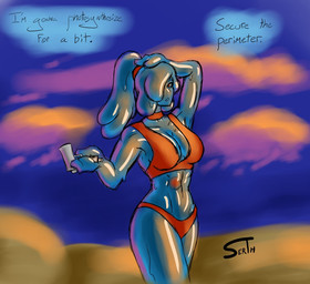 blue_body breasts female glistening glistening_body hair muscular muscular_female navel ponytail pseudo_hair slime solo sunset serth goo_creature hi_res
