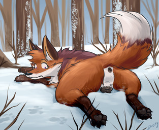anatomically_correct anatomically_correct_genitalia anatomically_correct_vulva animal_genitalia animal_vulva anus black_pawpads butt canine_genitalia canine_vulva ear_piercing ear_ring female feral fluffy fluffy_tail footprint forest fur genitals orange_body orange_fur pawpads pawprint paws piercing plant pose purple_eyes ring_piercing snow solo sploot tail tree vulva muskydusky rowan_(muskydusky) canid canine fox mammal red_fox true_fox pinup