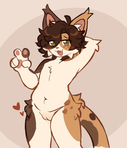 ahoge anthro blush bodily_fluids brown_hair calico_pattern chest_tuft eye_through_hair female freckled_face freckles genital_fluids genitals gesture green_eyes hair hand_gesture hands_behind_head humanoid_genitalia humanoid_vulva inner_ear_fluff multicolored_ears nude nude_anthro nude_female pawpads paws pink_inner_ear pink_pawpads raised_arms simple_background smile solo tail translucent translucent_hair tuft v_sign vaginal_fluids vulva white_inner_ear_fluff cottaleaf calico_cat_(cottaleaf) calico_cat domestic_cat felid feline felis mammal 2025 colored digital_drawing_(artwork) digital_media_(artwork) nonbinary_(lore)