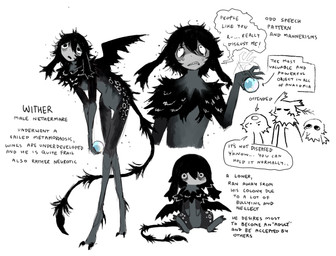 :o black_body black_fur black_hair black_mane black_tail black_wings blue_gem bodily_fluids chibi chibi_inset countershading dialogue fur gem grey_body grey_countershading grey_fur group hair holding_orb male mane monster_girl_(genre) multicolored_body multicolored_fur multiple_angles nervous nervous_sweat open_mouth orb short_hair simple_background sketch_inset spots standing sweat tail tears text white_background white_spots wings jejejunum european_mythology greek_mythology mythology robin_(jejejunum) secret_(jejejunum) wither_(jejejunum) avian harpy humanoid mythological_avian mythological_creature nethermare english_text full-length_portrait hi_res model_sheet portrait