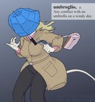 anthro blonde_hair clothed clothing coat definition female fully_clothed fur grey_background hair purse simple_background solo text topwear umbrella white_body white_fur wind cybercorn_entropic sniglets cynthia_boggs mammal mouse murid murine rodent 2020 english_text