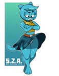 3_fingers anthro bare_shoulders barefoot belt belt_buckle big_eyes biped black_eyebrows black_eyes black_markings blue_body blue_bottomwear blue_clothing blue_ears blue_fur blue_markings blue_skirt blue_tail bodily_fluids bottomwear brown_belt buckle clothed clothed_anthro clothed_female clothing cropped_sweater crossed_arms elderly elderly_anthro elderly_female eyebrows facial_markings feet female fingers fully_clothed fully_clothed_anthro fully_clothed_female fur fur_tuft geometric_background glistening glistening_arms glistening_body glistening_eyelids glistening_face glistening_fur glistening_legs glistening_shoulders glistening_thighs half-closed_eyes head_markings head_tuft iris legs_together light_body light_fur logo looking_at_self looking_down looking_down_at_self markings mature_anthro mature_female midriff monotone_tail muzzle_(marking) narrowed_eyes no_pupils outline panties panty_shot pink_nose plantigrade pointy_ears pose prick_ears pseudo_hair raised_bottomwear raised_clothing raised_skirt side_slit side_slit_clothing side_slit_skirt simple_background skirt small_nose snout solo standing straight_leg sweat sweatdrop sweater tail text thick_thighs three-quarter_view topwear tuft turtleneck underwear upskirt whisker_markings white_clothing white_outline white_panties white_text white_underwear yellow_clothing yellow_sweater yellow_topwear samyueru_zackari cartoon_network the_amazing_world_of_gumball mary_senicourt domestic_cat felid feline felis mammal 2025 artist_logo artist_name digital_drawing_(artwork) digital_media_(artwork) full-length_portrait hi_res portrait