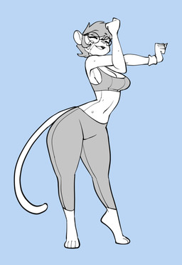 anthro barefoot bottomwear bra breasts cleavage clothed clothing eyes_closed eyewear feet female glasses hair midriff navel open_mouth open_smile pants round_glasses simple_background smile solo sports_bra stretching sweatband underwear wristband yoga_pants bigdad rose_(torou) felid leopard mammal pantherine 2023 monochrome