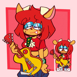 2_horns anthro black_nose blue_bottomwear blue_clothing blue_eyeshadow blue_pants bottomwear clock clothing crop_top electric_guitar eyebrow_through_hair eyebrows eyelashes eyeshadow female footwear fur glistening glistening_eyes guitar hair horn lips makeup markings midriff mole_(marking) musical_instrument pants pink_inner_ear plucked_string_instrument purple_eyes red_clothing red_hair red_lips red_shirt red_topwear shirt shoes short_hair smile solo string_instrument tan_body tan_ears tan_fur topwear translucent translucent_hair watch white_horn wristwatch gallycidpizza parappa_the_rapper sony_corporation sony_interactive_entertainment um_jammer_lammy lammy_lamb bovid caprine mammal sheep 1:1 absurd_res hi_res