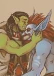 black_hair blue_body blue_skin braided_hair clothed clothing duo green_body green_skin hair happy long_ears male male/male not_furry red_hair topless barbalarga blizzard_entertainment warcraft thrall_(warcraft) vol'jin_(warcraft) humanoid mammal orc troll_(mythology) digital_media_(artwork)