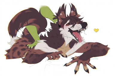 ambiguous_gender anthro bodily_fluids breath disembodied_hand drooling duo enjoying fangs green_body looking_pleasured lying male male/ambiguous on_front open_mouth panting petted_silly petting saliva simple_background teeth tongue tongue_out white_background lostgoose lostgoose_(character) scree_(character) canid mammal hi_res