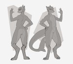 anthro butt claws fin gesture hair hand_on_hip looking_at_viewer male navel nude raised_arm simple_background smile solo standing tail thick_tail thick_thighs waving white_background spice_goblin fish marine scalie shark digital_media_(artwork) greyscale hi_res model_sheet monochrome