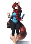 anthro beverage blue_eyes boots bottomwear breasts brown_body brown_fur cellphone clothed clothing coffee container cup electronics eyewear female footwear fur glasses hair holding_object jacket legwear looking_at_viewer multicolored_body pants phone red_body red_fur scarf shirt shoes simple_background smile solo tail text topwear white_body white_fur wide_hips inu-sama ruth_failla_thomas_(the_dogsmith) ailurid mammal red_panda 2023 absurd_res digital_media_(artwork) english_text hi_res