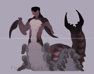 abs ambiguous_gender countershade_face countershade_torso countershading grey_background multi_leg multi_limb pecs pincers simple_background solo tail text purple_cube arthropod centipede monster myriapod taur artist_name distracting_watermark full-length_portrait hi_res portrait watermark