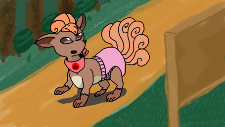 clothed clothing diaper explorer female feral solo wearing_diaper sally_daskunk nintendo pokemon pokemon_mystery_dungeon spike_chunsoft generation_1_pokemon pokemon_(species) vulpix hi_res