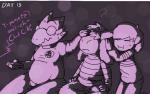 alphys ambiguous_gender anthro asriel_dreemurr bebetterbop boss_monster_(undertale) bovid caprine child controller covering covering_eyes covering_face english_text eyewear female frisk_(undertale) glasses goat group human lizard long_ears male mammal question_mark remote_control reptile scalie stripes text undertale undertale_(series) young