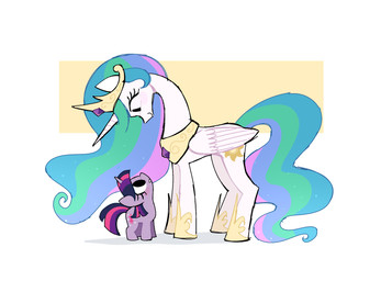 clothing crown duo eye_contact female footwear hair headgear horn jewelry looking_at_another looking_down looking_up multicolored_hair multicolored_tail necklace shoes size_difference tail tiara wings syrupyyy friendship_is_magic hasbro my_little_pony mythology princess_celestia_(mlp) twilight_sparkle_(mlp) equid equine mammal mythological_creature mythological_equine unicorn winged_unicorn hi_res