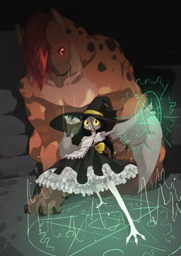 anthro beak beak_piercing bodily_fluids book braided_hair clothed clothing dress drooling duo facial_piercing feathered_wings feathers feral frilly frilly_clothing furgonomic_piercing furgonomics hair hat headgear headwear legwear magic male piercing saliva size_difference stockings wings witch_hat chalk_outline arsene_(nisvuthjusandre) hill_(chalk_outline) avian bird corvid corvus_(genus) crow hyena mammal oscine passerine absurd_res hi_res