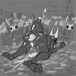 all_fours anthro arm_support arthropod_abdomen arthropod_abdomen_genitalia being_watched blush blush_lines bodily_fluids butt crowd cum cum_in_ass cum_in_vagina cum_inside cum_on_butt cum_on_ground female genital_fluids genitals group looking_at_another presenting presenting_hindquarters public public_nudity spread_legs spreading bav hollow_knight_(franchise) team_cherry hornet_(hollow_knight) arthropod 1:1 hi_res monochrome