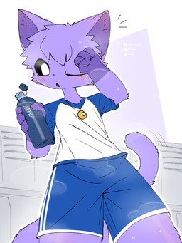 4_fingers anthro black_eyes blue_bottomwear blue_clothing blue_outfit blue_shirt blue_shorts blue_topwear blush bodily_fluids bottle bottomwear cat_tail clothed clothing container fingers fur jewelry locker locker_room looking_at_viewer male musk necklace one_eye_closed open_mouth purple_body purple_fur school_uniform shirt shorts shota simple_background solo standing sweat tail topwear uniform water_bottle wiping_sweat young young_anthro young_male bikabe3m mob_entertainment poppy_playtime smiling_critters catnap_(poppy_playtime) domestic_cat felid feline felis mammal 2026 3:4 digital_media_(artwork) watermark