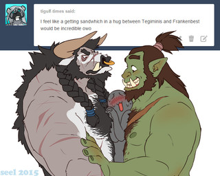 anthro ask_blog barazoku beard body_hair chest_hair facial_hair facial_piercing group horn hug humanoid_pointy_ears larger_male male male/male muscular muscular_male nipples nose_piercing nose_ring piercing pointy_ears ring_piercing scar septum_piercing simple_background size_difference smile text tusks ground-lion blizzard_entertainment tumblr warcraft bovid bovine humanoid mammal orc tauren english_text