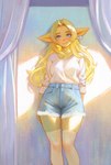 blonde_hair blue_eyes blush bottomwear breasts clothing curtains ear_piercing ear_ring female front_view green_body hair humanoid_pointy_ears long_hair looking_at_viewer not_furry piercing pointy_ears ring_piercing shirt shorts smile solo topwear white_clothing white_shirt white_topwear shchrit goblin humanoid 2023 digital_media_(artwork) hi_res