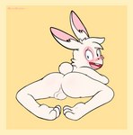 anus balls border buckteeth butt fur genitals male paws rear_view simple_background solo spread_legs spreading tail teeth white_body white_fur yellow_background yellow_border sherwind52 fan_character lagomorph leporid mammal rabbit absurd_res hi_res