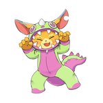 4_fingers anthro cheeky clothing dinosaur_costume eyes_closed fangs fingers fur happy male open_mouth orange_body orange_fur pajamas roaring simple_background solo taunting teeth white_background young young_anthro young_male kom_jis league_of_legends riot_games tencent gnar_(lol) yordle 1:1 2023 hi_res