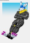 after_transformation ball_gag bdsm bondage bound chastity_bulge chastity_device encasement gag gagged latex restraints straitjacket transformation xedrykthedragon bandai_namco digimon digimon_adventure digimon_(species) garurumon absurd_res hi_res