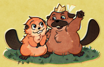 ambiguous_feral ambiguous_gender beaver_tail brown_body brown_eyes brown_fur brown_paws brown_tail buckteeth chest_tuft closed_smile countershading crown duo eye_contact eyebrows feral freckled_face freckles fur grass head_tuft headgear looking_at_another mouth_closed on_hind_legs open_mouth open_smile orange_body orange_fur plant raised_arm raised_tail smile tail tan_body tan_countershading teeth tuft yellow_back m11quda disney hoppers_(disney) pixar king_george_(hoppers) mabel_tanaka beaver mammal rodent 2026 digital_drawing_(artwork) digital_media_(artwork) flat_colors hi_res