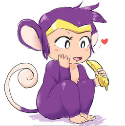 anthro banana blush female food fruit heart_symbol plant simple_background solo white_background escanda shantae_(series) wayforward shantae_(monkey_form) haplorhine mammal monkey primate