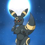 areola big_breasts black_areola black_body black_nipples breasts female genitals hand_on_head long_ears long_tail markings nipples pussy red_eyes ring_(marking) solo tail thick_thighs poraka7 nintendo pokemon eeveelution generation_2_pokemon pokemon_(species) umbreon 1:1