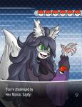 accessory anthro breasts clothing cosplay female green_eyes hair headband long_hair open_mouth parody smile solo text meirune nintendo pokemon hex_maniac safira_moonrune canid canine fox mammal 2014 english_text hi_res