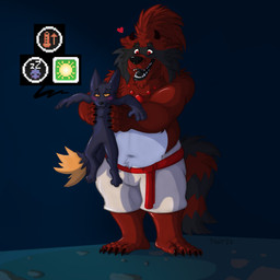 anthro blush blush_lines bodily_fluids clothed clothing duo heart_symbol holding_another jewelry looking_at_another male male/male moodles multicolored_body nude orange_eyes red_eyes size_difference slightly_chubby slightly_chubby_anthro slightly_chubby_male sweat sweatdrop two_tone_body sillywerwolf casualties:_unknown raj'ak demon expie_(gunsawian) gunsawian hybrid mammal procyonid raccoon 1:1 digital_media_(artwork) hi_res