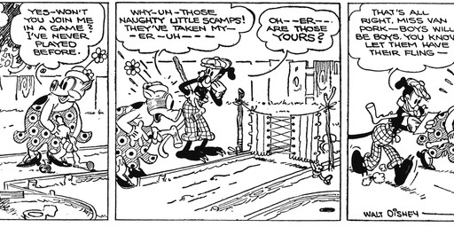 ambiguous_gender anthro bottomwear clothed clothing dialogue eyewear female flower footwear glasses gloves group handwear hat headgear headwear high_heels male motion_lines open_mouth outside overalls pants plant shoes skirt tail text tree trio walking floyd_gottfredson hardie_gramatky disney public_domain mickey_mouse patricia_pig canid canine canis domestic_cat domestic_dog domestic_pig felid feline felis mammal mouse murid murine rodent suid suine sus_(pig) 1930 20th_century absurd_res ancient_art comic dated english_text hi_res long_image monochrome wide_image