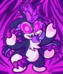 4_arms 4_fingers >:d antennae_(anatomy) anthro big_ears blue_body blue_fur chest_tuft creepy ear_piercing fangs fingers fur glowing glowing_eyes hair looking_at_viewer multi_arm multi_limb outline piercing pink_nose psychedelic purple_eyes purple_hair simple_background solo teeth textured_background tongue tongue_out tuft white_body white_fur dolcisprinkles disney lilo_and_stitch stitch! dark_end_(stitch!) alien experiment_(lilo_and_stitch) 2016 digital_media_(artwork) hi_res purple_theme signature