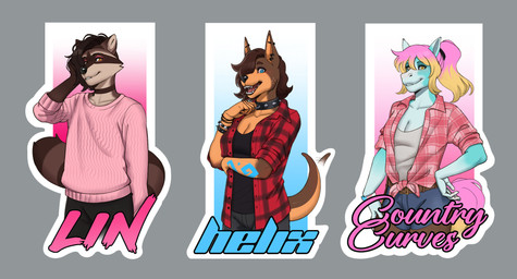 anthro black_bottomwear black_clothing black_pants black_topwear blonde_hair blue_body blue_bottomwear blue_clothing blue_eyes blue_markings bottomwear bracelet brown_body brown_fur brown_hair brown_tail clothed clothing female female_anthro femboy front_view fur grey_bottomwear grey_clothing grey_pants grey_topwear hair jewelry male male_anthro markings multicolored_hair orange_body orange_fur pants pink_clothing pink_hair pink_sweater pink_tail pink_topwear red_clothing red_topwear smile solo spiked_bracelet spikes standing striped_markings striped_tail stripes sweater tail tail_markings topwear two_tone_hair yellow_eyes 100racs canid canine canis domestic_dog equid equine horse mammal procyonid raccoon hi_res multiple_images