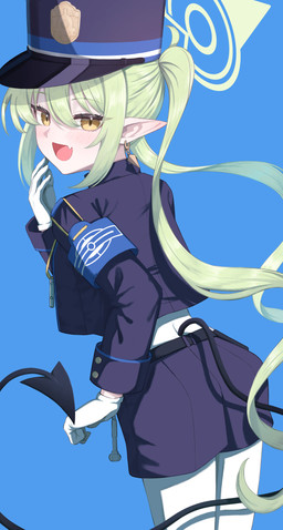 belt bent_arm blue_background blue_bottomwear blue_clothing blue_hat blue_headwear blue_shirt blue_shorts blue_topwear blush bottomwear breasts clothing cute_fangs ear_piercing ear_ring fangs female gloves green_hair hair hair_between_eyes halo handwear hat headgear headwear leaning leaning_forward legwear long_hair looking_at_viewer looking_back looking_back_at_viewer narrowed open_mouth pantyhose piercing pigtails pointy_ears prick_ears rear_view ring_piercing shirt shorts simple_background small_breasts spade_tail tail teeth topwear whistle_(object) white_clothing white_gloves white_handwear white_legwear white_pantyhose white_shirt white_topwear yellow_eyes young young_female young_humanoid akazaki_yukino blue_archive nexon nozomi_(blue_archive) demon demon_humanoid humanoid tailed_humanoid absurd_res hi_res